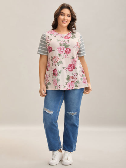 Floral Striped Stretchy Crew Neck T-Shirt