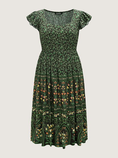 Rayon Garden Fresh Ruffled Sleeve Midi Dress