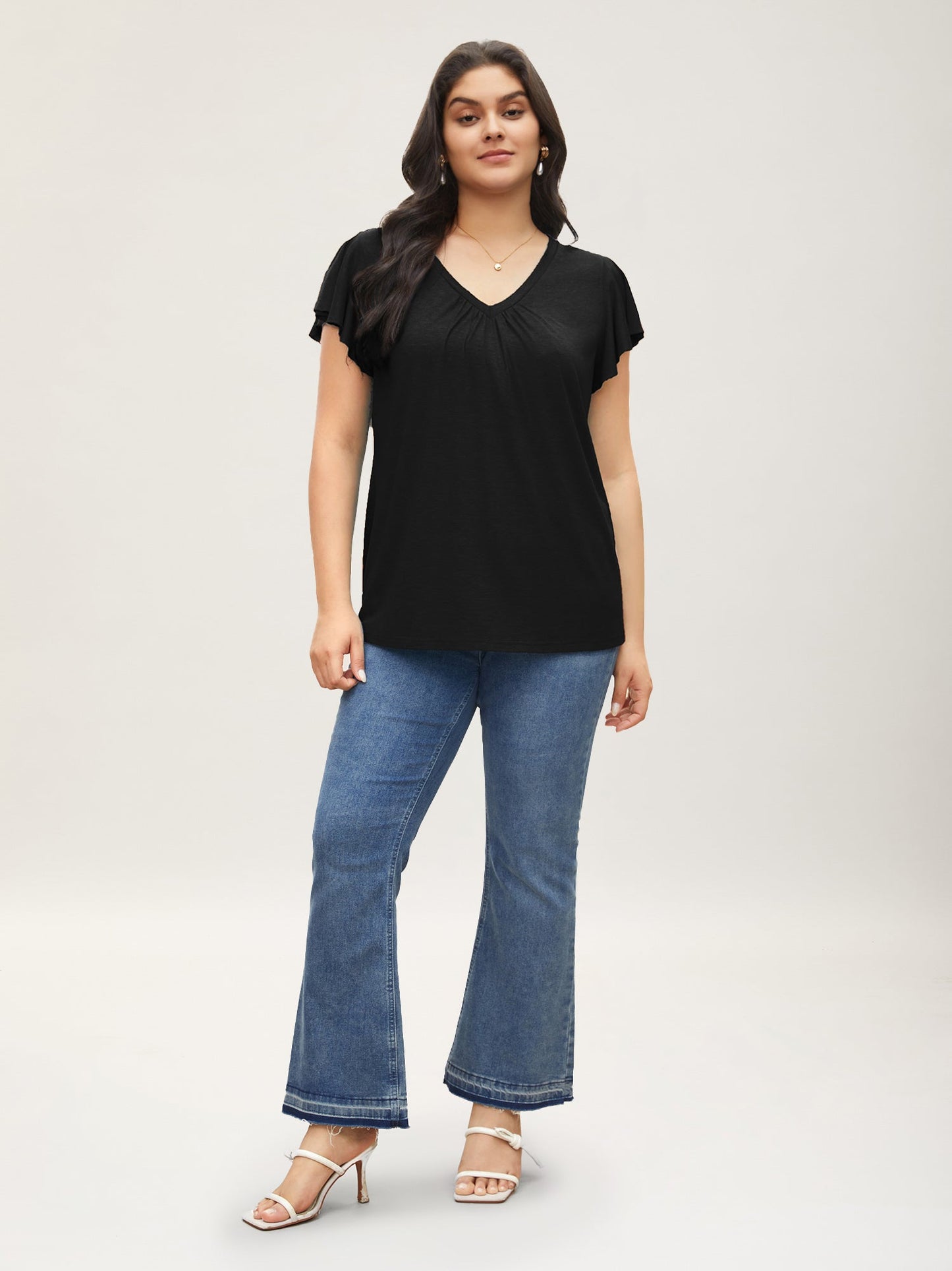 Solid Heather Gathered Ruffle Sleeve T-shirt