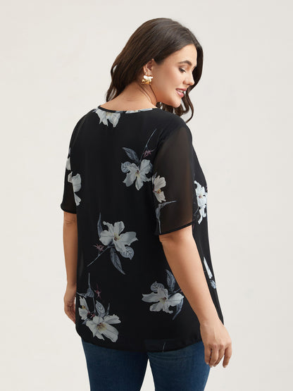 Chiffon Floral Round Neck Shirt