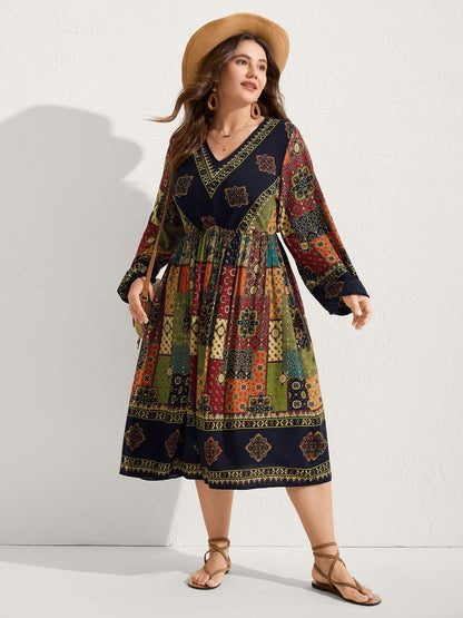Retro Colorful Print V-Neck Midi Dress