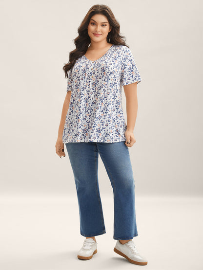 Floral Print Plicated Detail T-Shirt