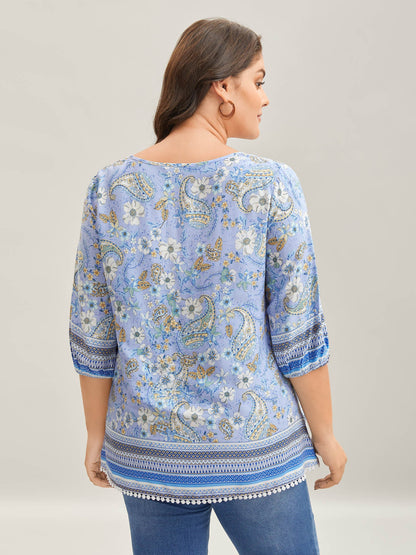 Paisley Print Lantern Sleeve Flowy Blouse
