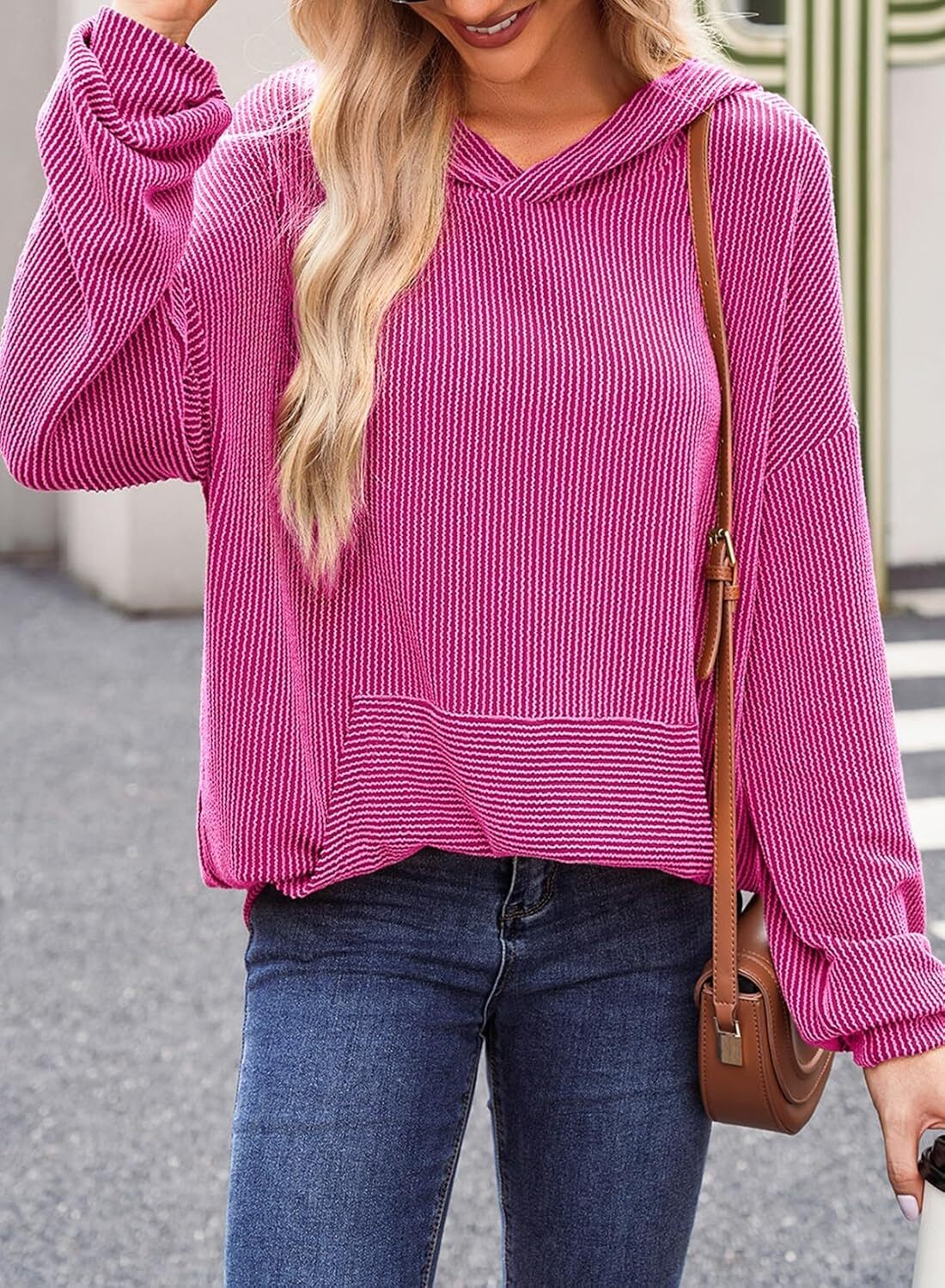 Women's Pullover Hoodies Sweatshirts Casual Loose Long Sleeve Ribbed Knit Shirts