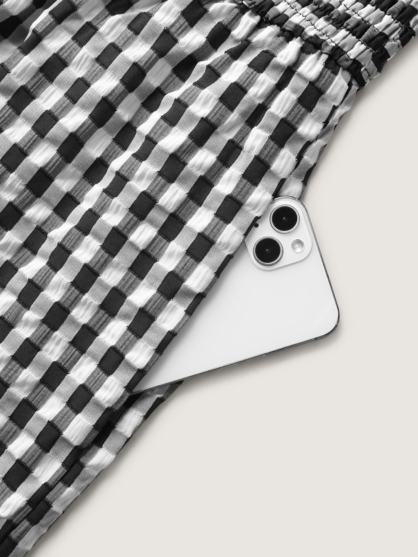 Gingham Print Shirred Straight-Leg Jumpsuit