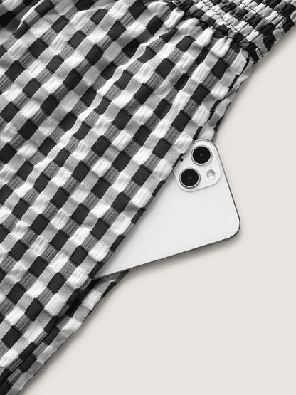 Gingham Print Shirred Straight-Leg Jumpsuit