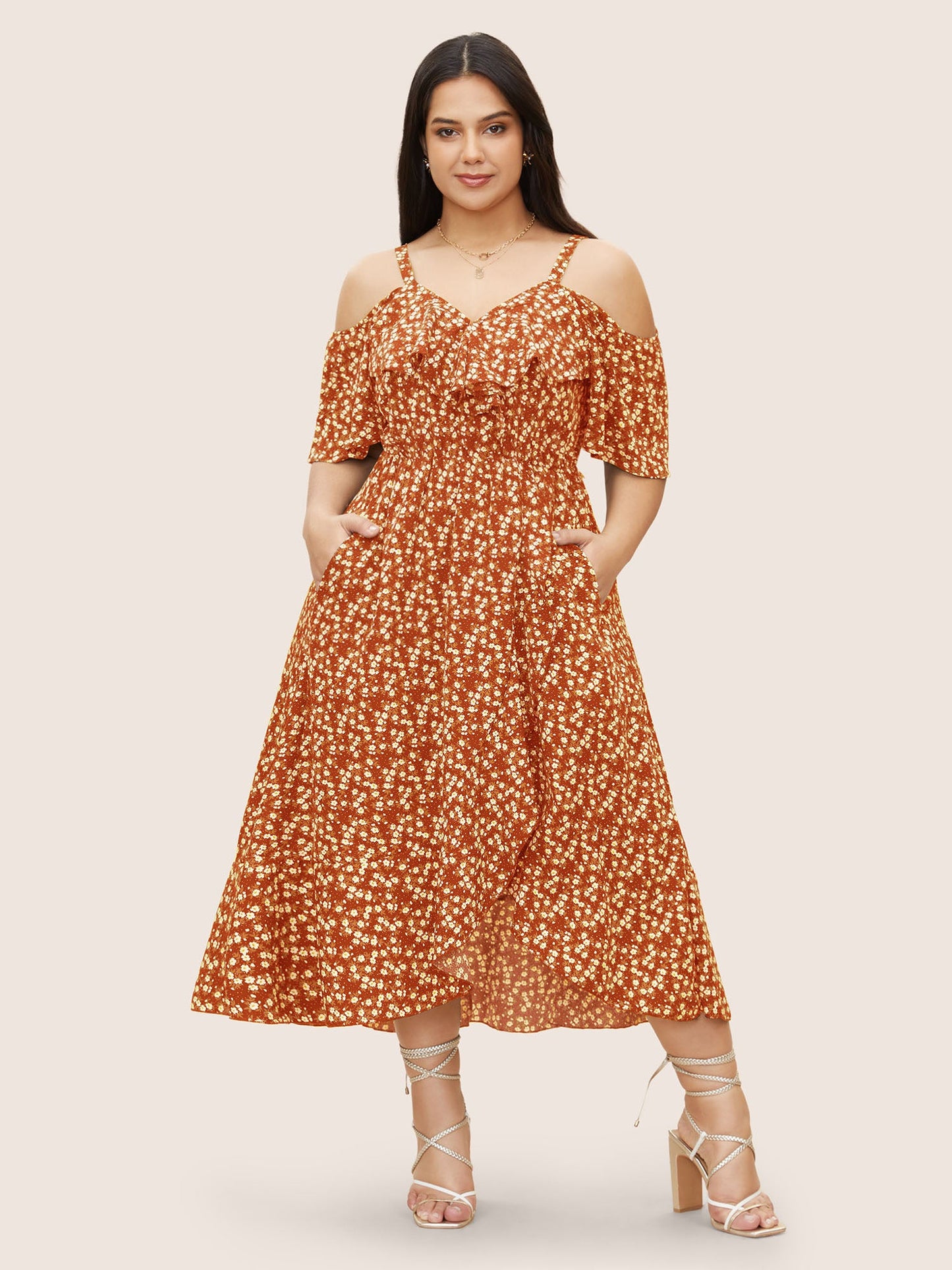 Ditsy Floral Pocket Wrap Cold Shoulder Ruffle Dress