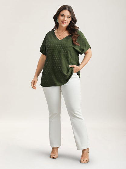 Back-Button Textured V-Neck Shirt