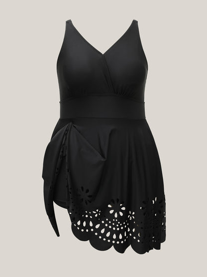 Laser Cut Surplice Neck Waist-Cinched Swim Dress