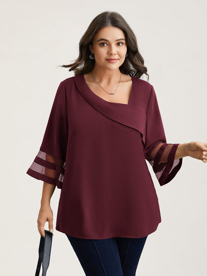 Sheer Sleeve Patchwork Asymmetrical Neckline Blouse