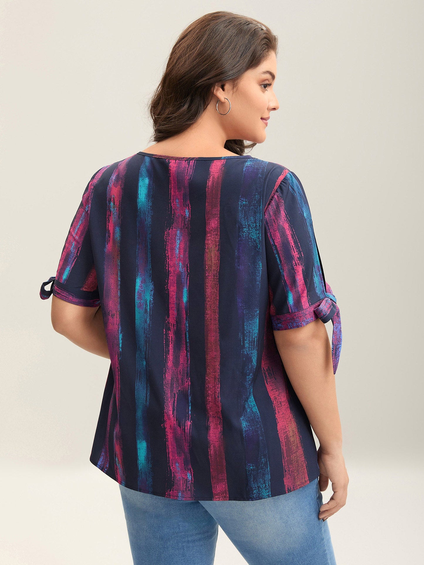 Irregular Stripes Sleeve Tie Blouse