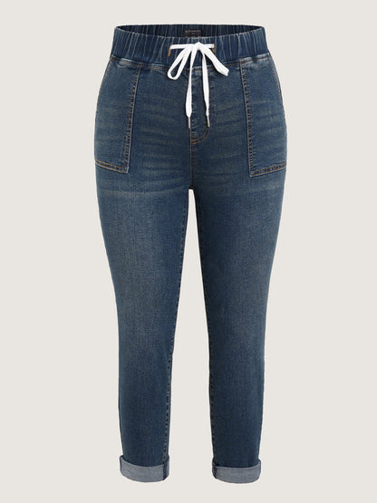 Drawstring Elastic Waist Roll Hem Jeans
