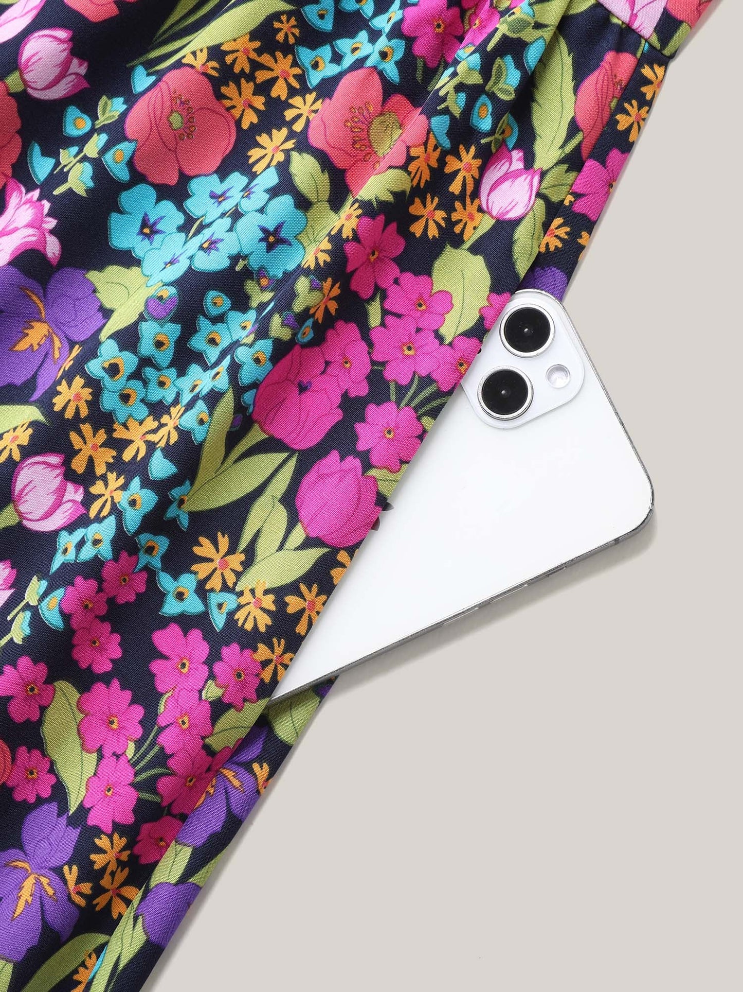 Floral Print Shirred Pockets Midi Dress