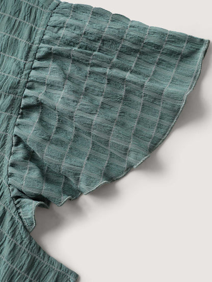 Textured Pockets Collar Flutter Sleeve Midi Dress