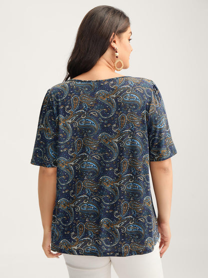 Paisley Print Neck Cut-Out Pleated Top