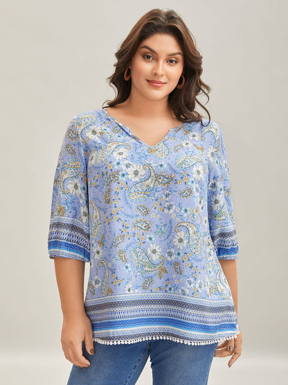 Paisley Print Lantern Sleeve Flowy Blouse
