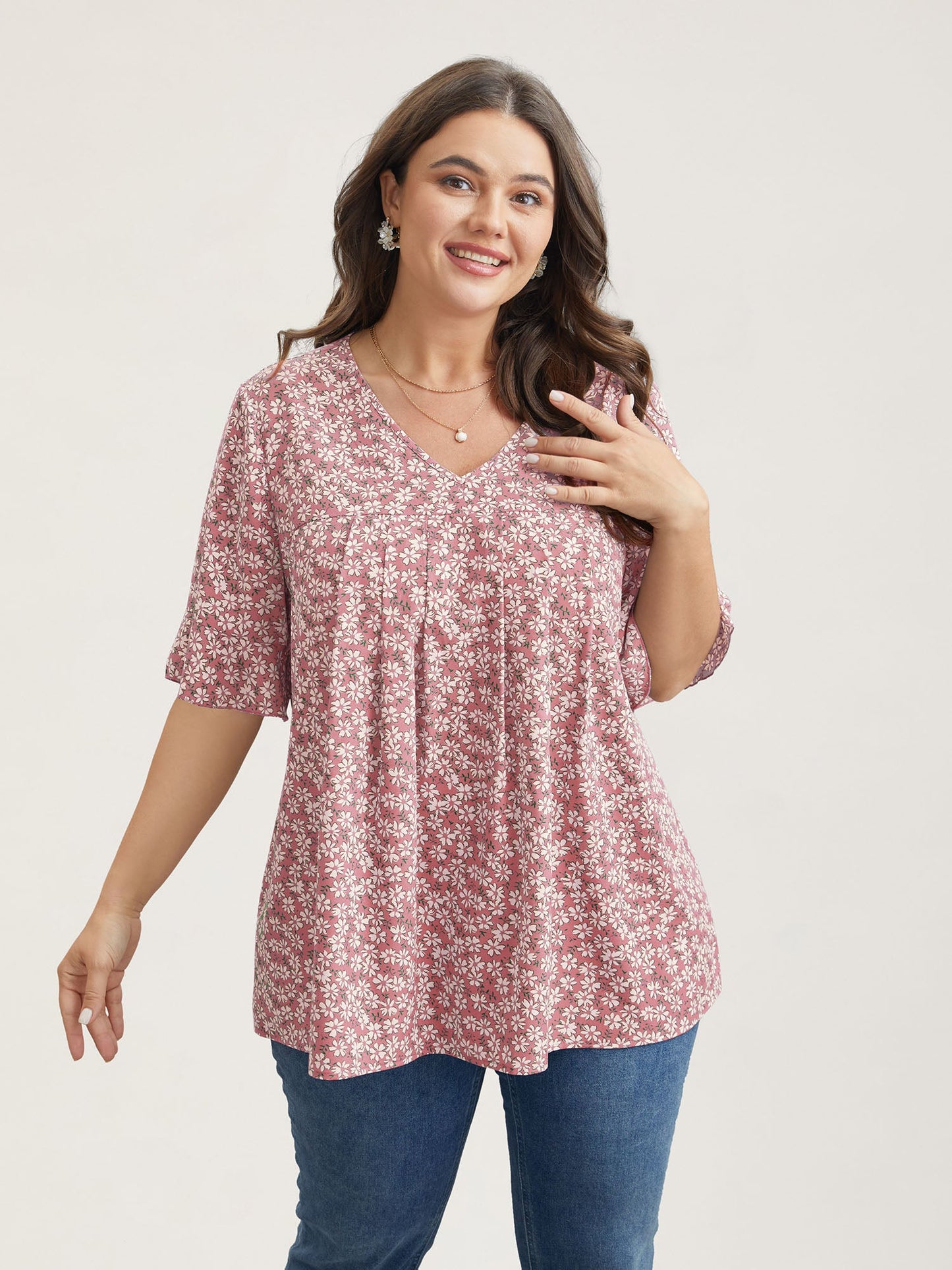 Ditsy Floral Pleated Flared Sleeve Shirt