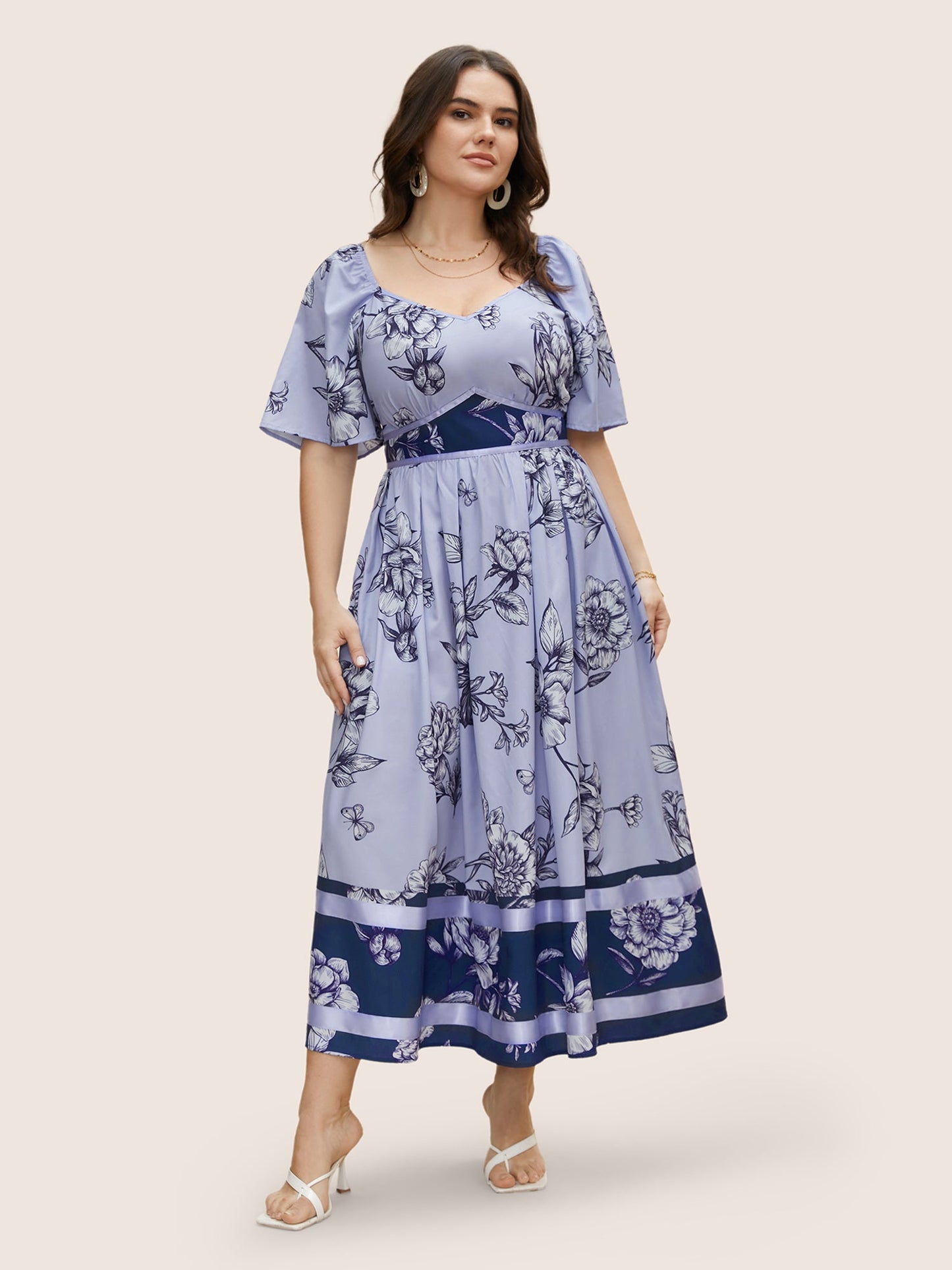 Boho Print Heart Neckline Ruffle Sleeve Maxi Dress