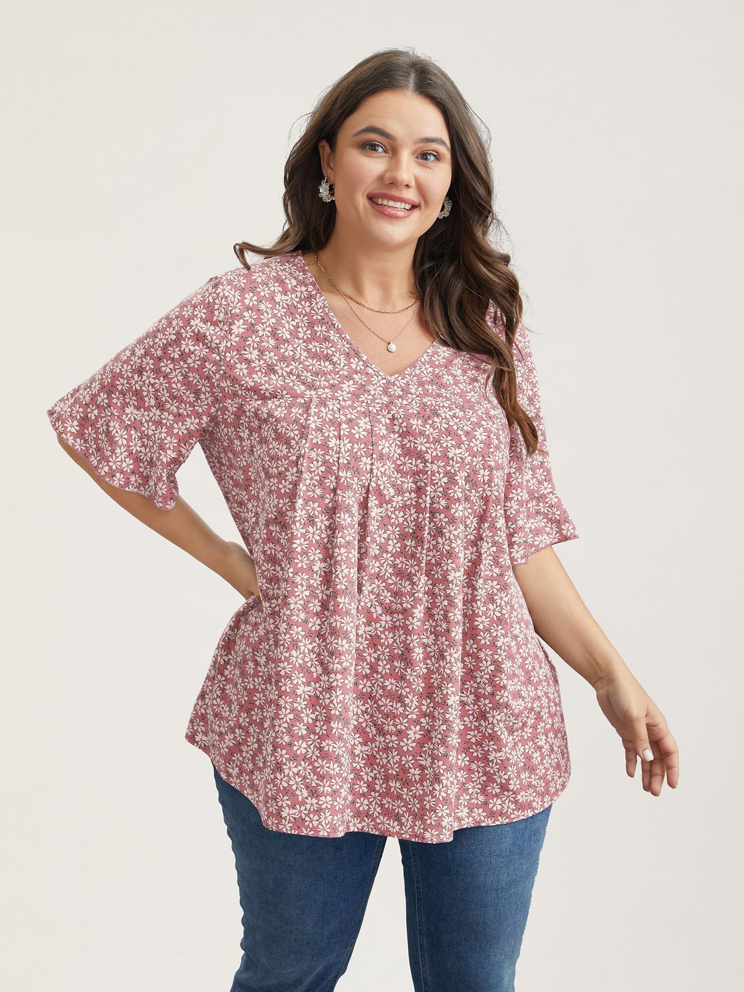 Ditsy Floral Pleated Flared Sleeve Shirt