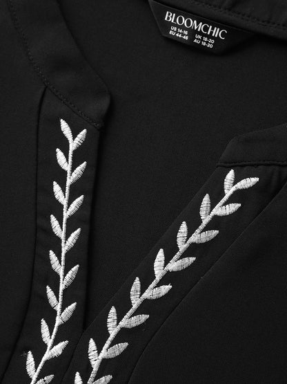 Notched Collar Embroidered Ruffled Blouse