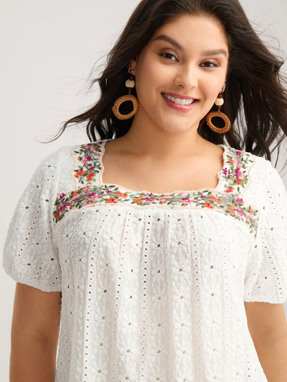 Eyelet Trim Floral Embroidered Solid T-Shirt