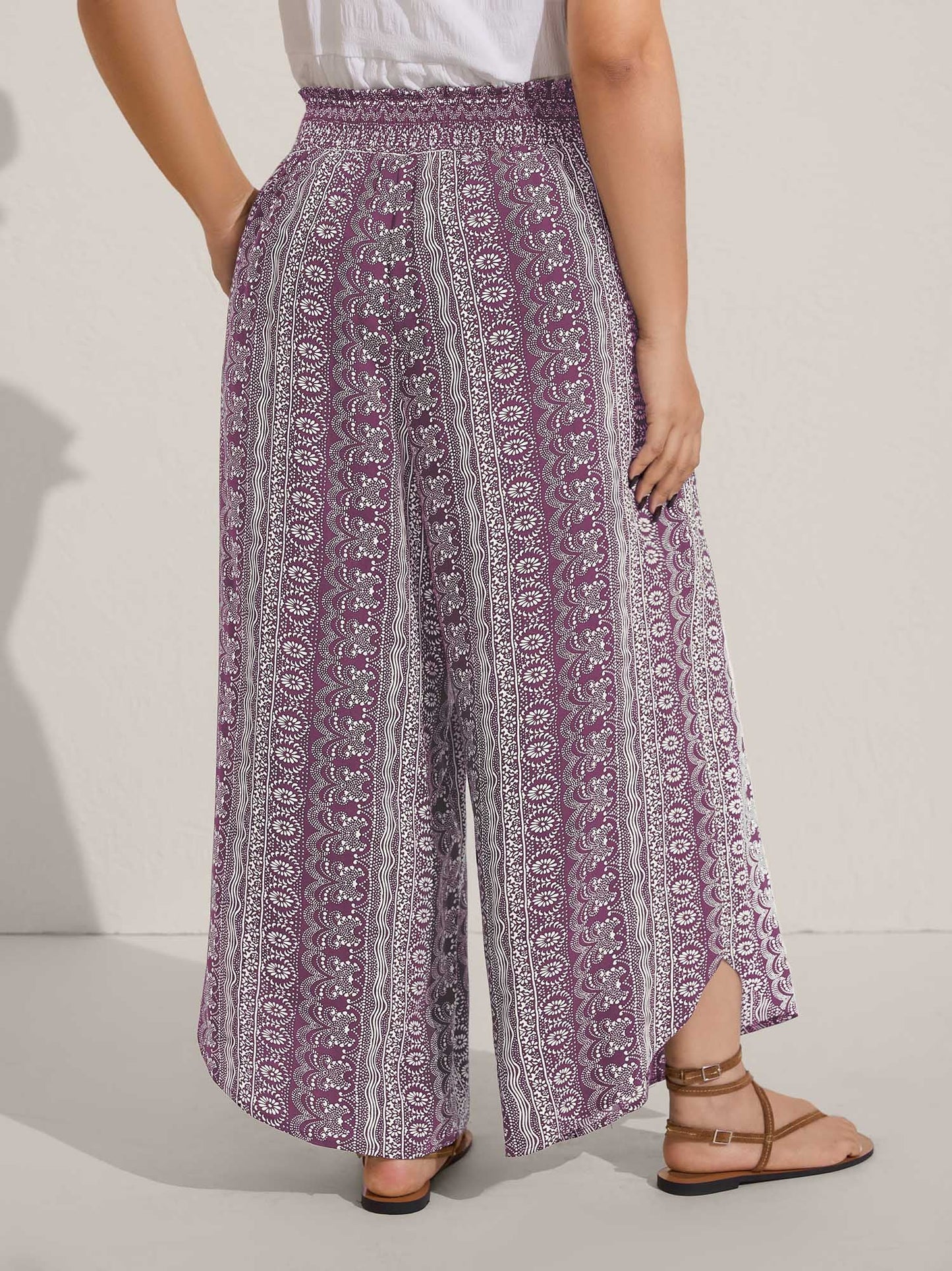 Boho Print Shirred Waist Wide-Leg Pants