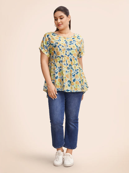 Fruit Print Curved Hem Batwing Sleeve Blouse