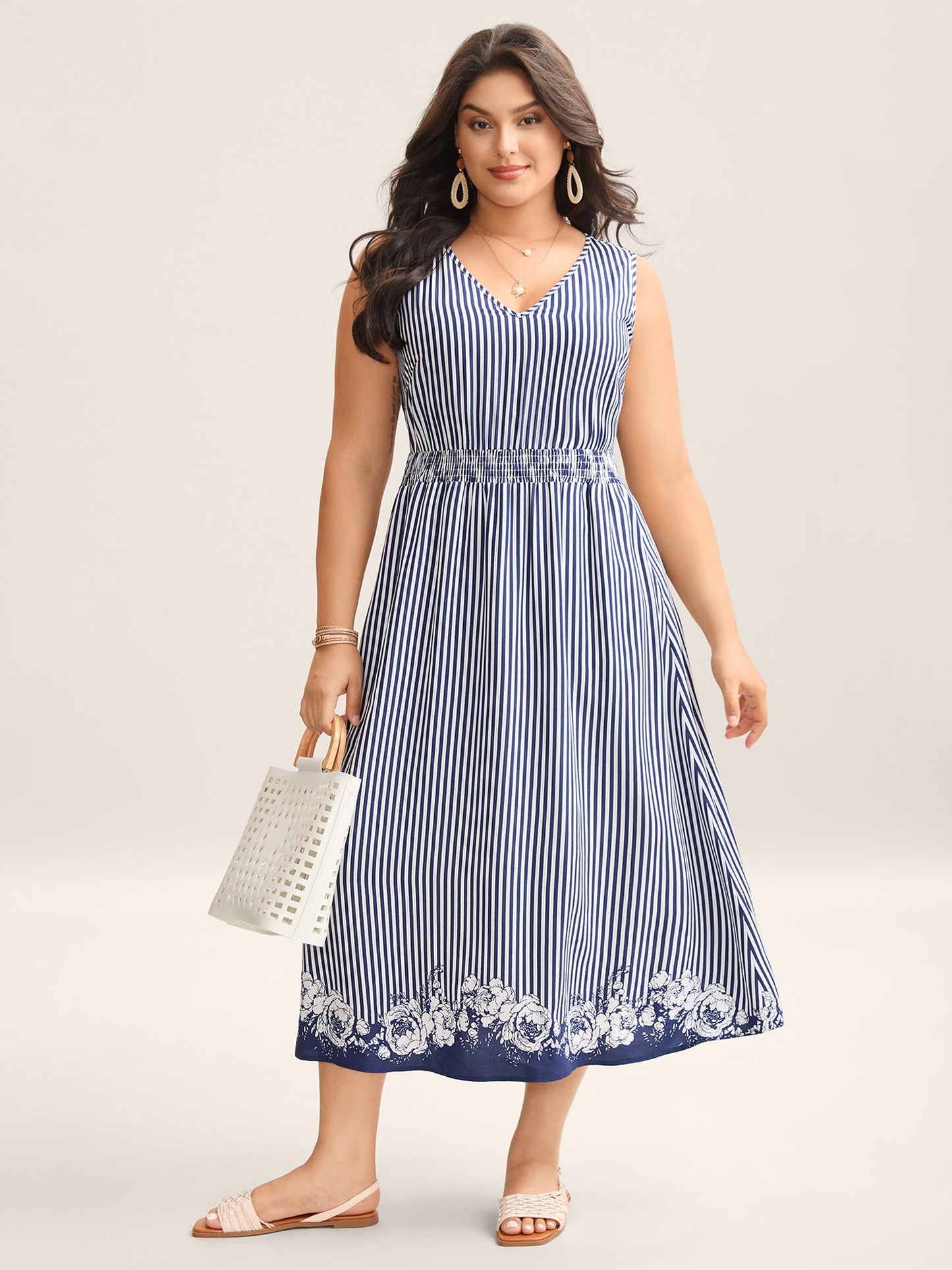 Stripes Cinched-Waist Floral Hem Maxi Dress