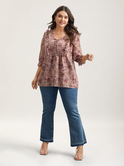 Chiffon Floral Print Ruffled Neck Flowy Shirt
