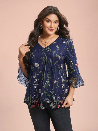 Embroidered Mesh Lotus Leaf Sleeve Blouse