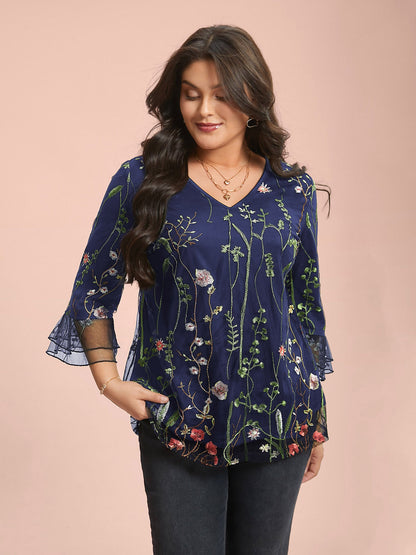Embroidered Mesh Lotus Leaf Sleeve Blouse