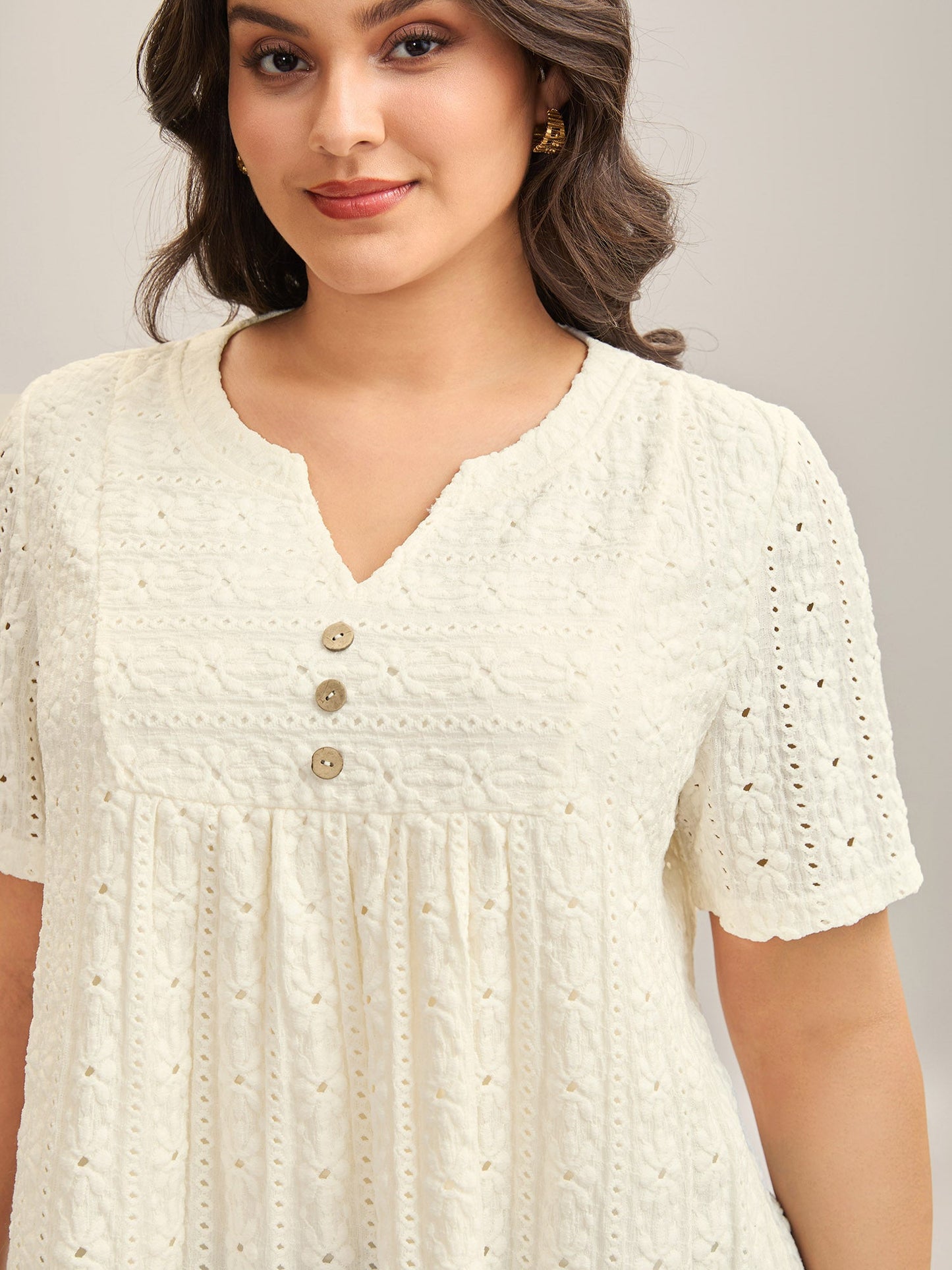 Textured Pleated Split Neck T-Shirt