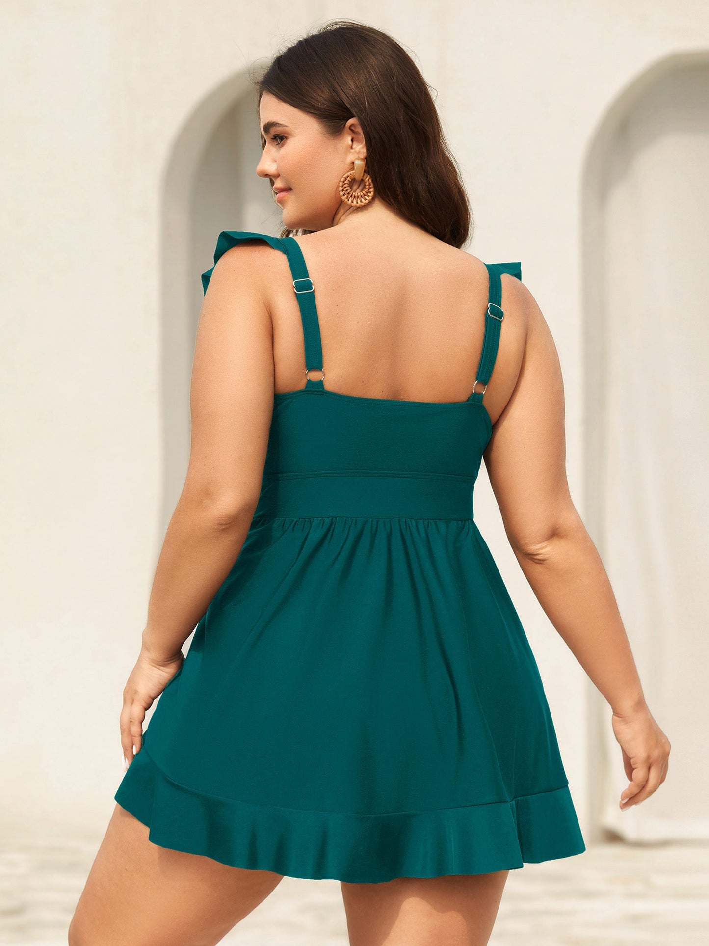 Ruffled Hem Flutter Sleeve Drawstring Swim Dress