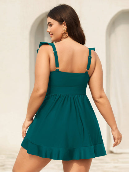 Ruffled Hem Flutter Sleeve Drawstring Swim Dress