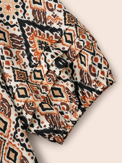 Bandana Geometric Pleated Lantern Sleeve Blouse
