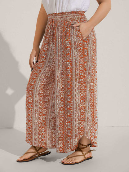 Boho Print Shirred Waist Wide-Leg Pants