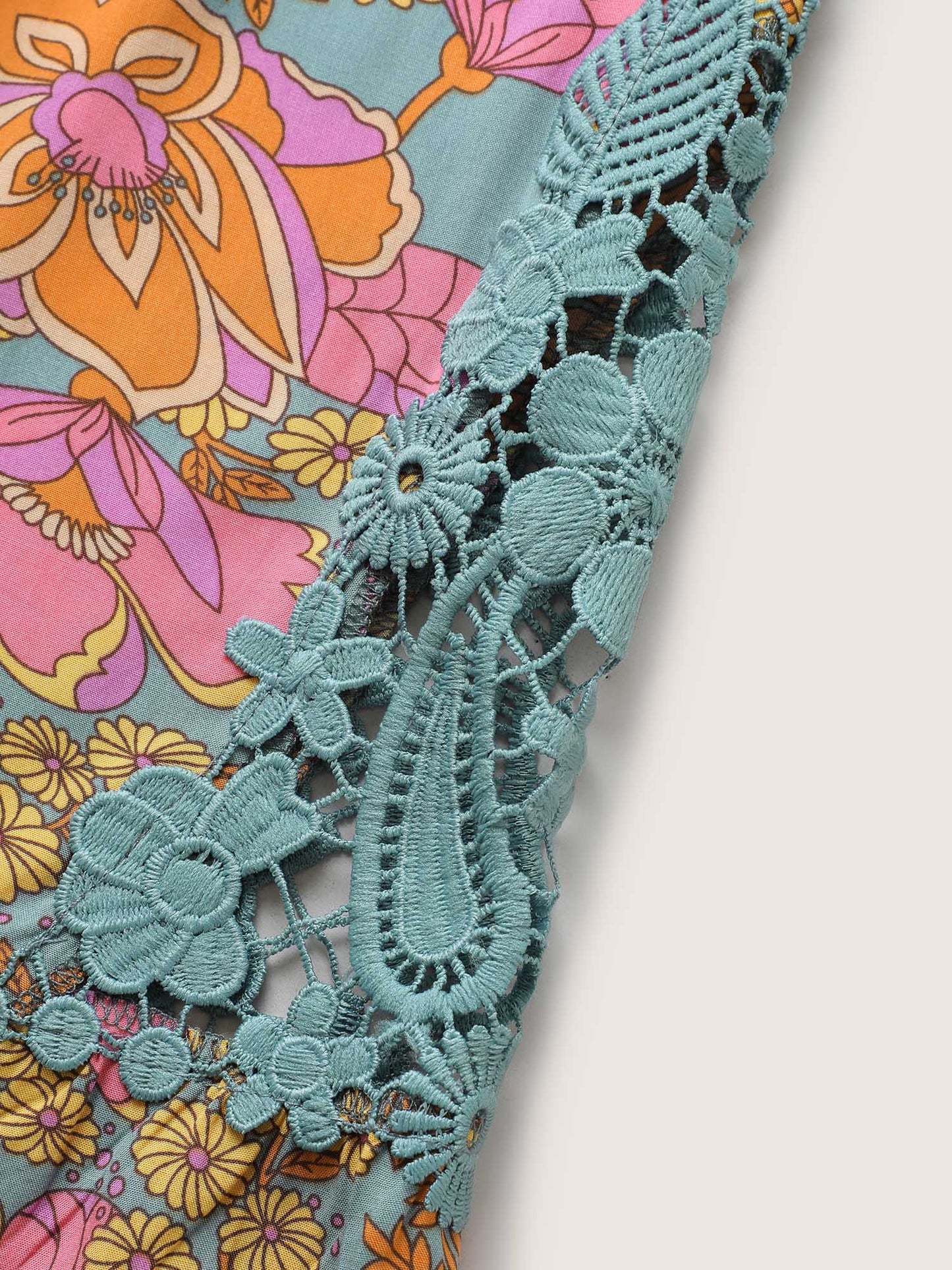 Boho Print Guipure Lace Ruffles Blouse