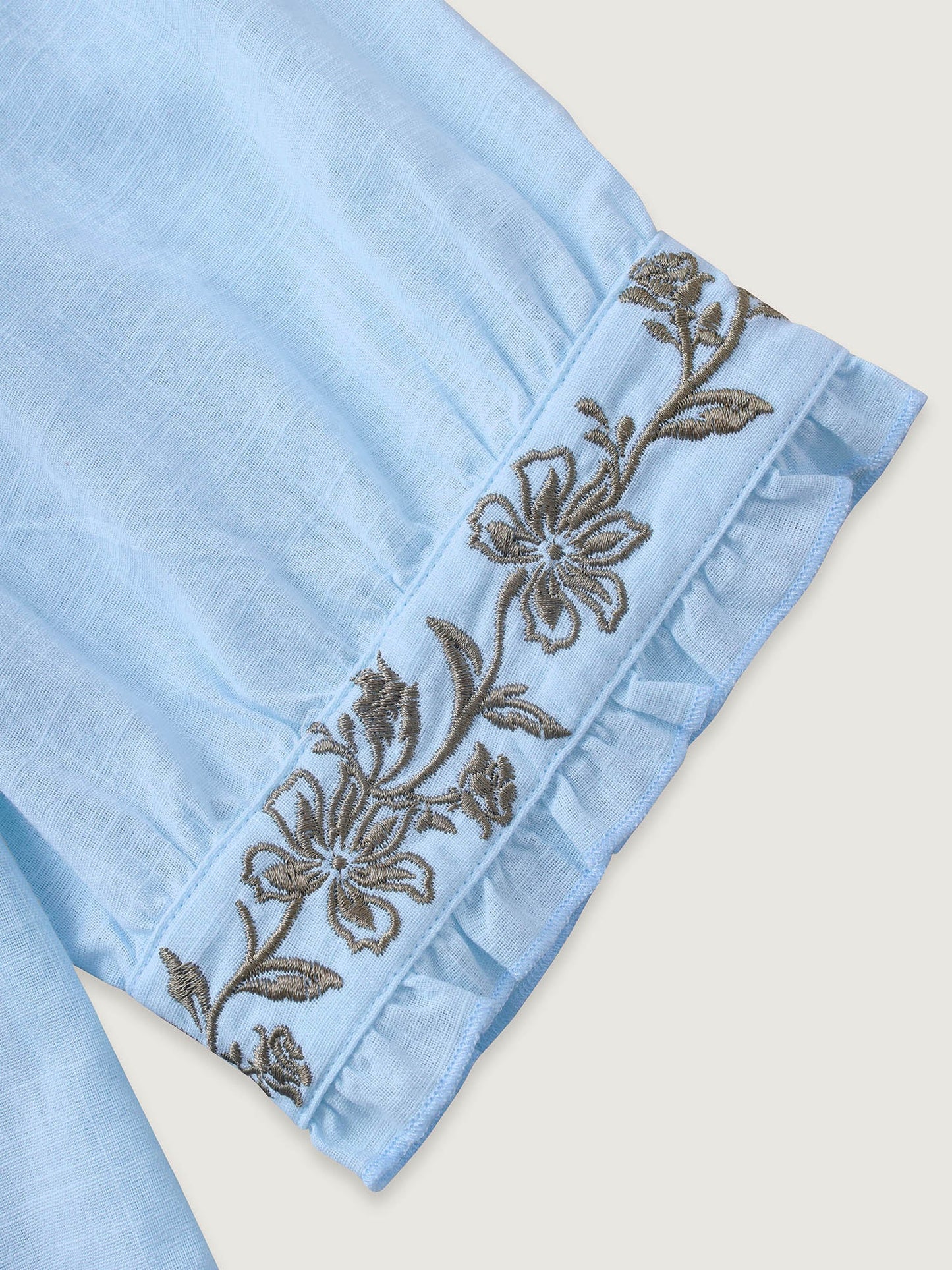 Cotton Floral Embroidered Notched Collar Frill Trim Blouse