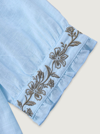 Cotton Floral Embroidered Notched Collar Frill Trim Blouse