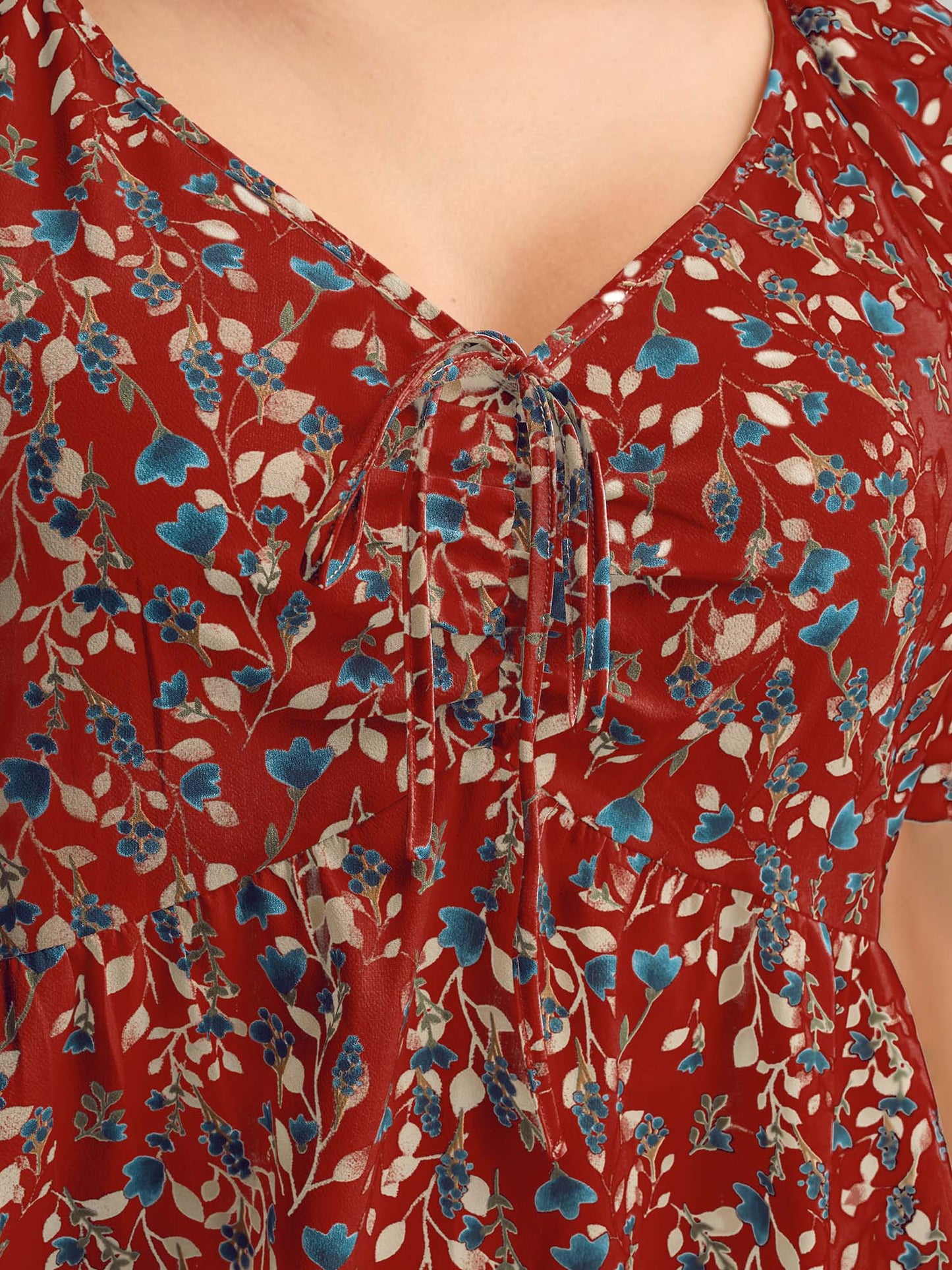 Bust-Comfort Floral Print Tie Blouse