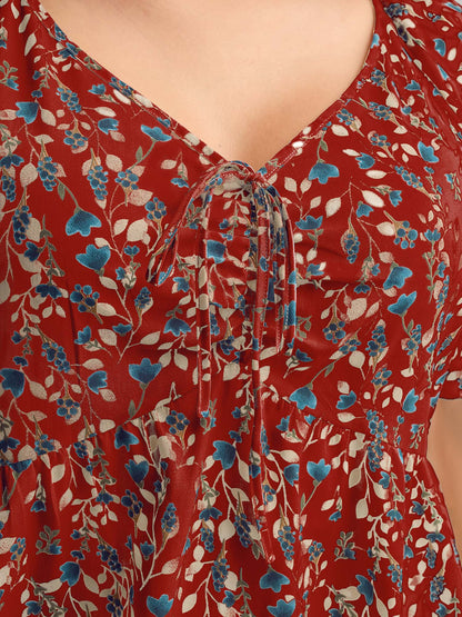 Bust-Comfort Floral Print Tie Blouse