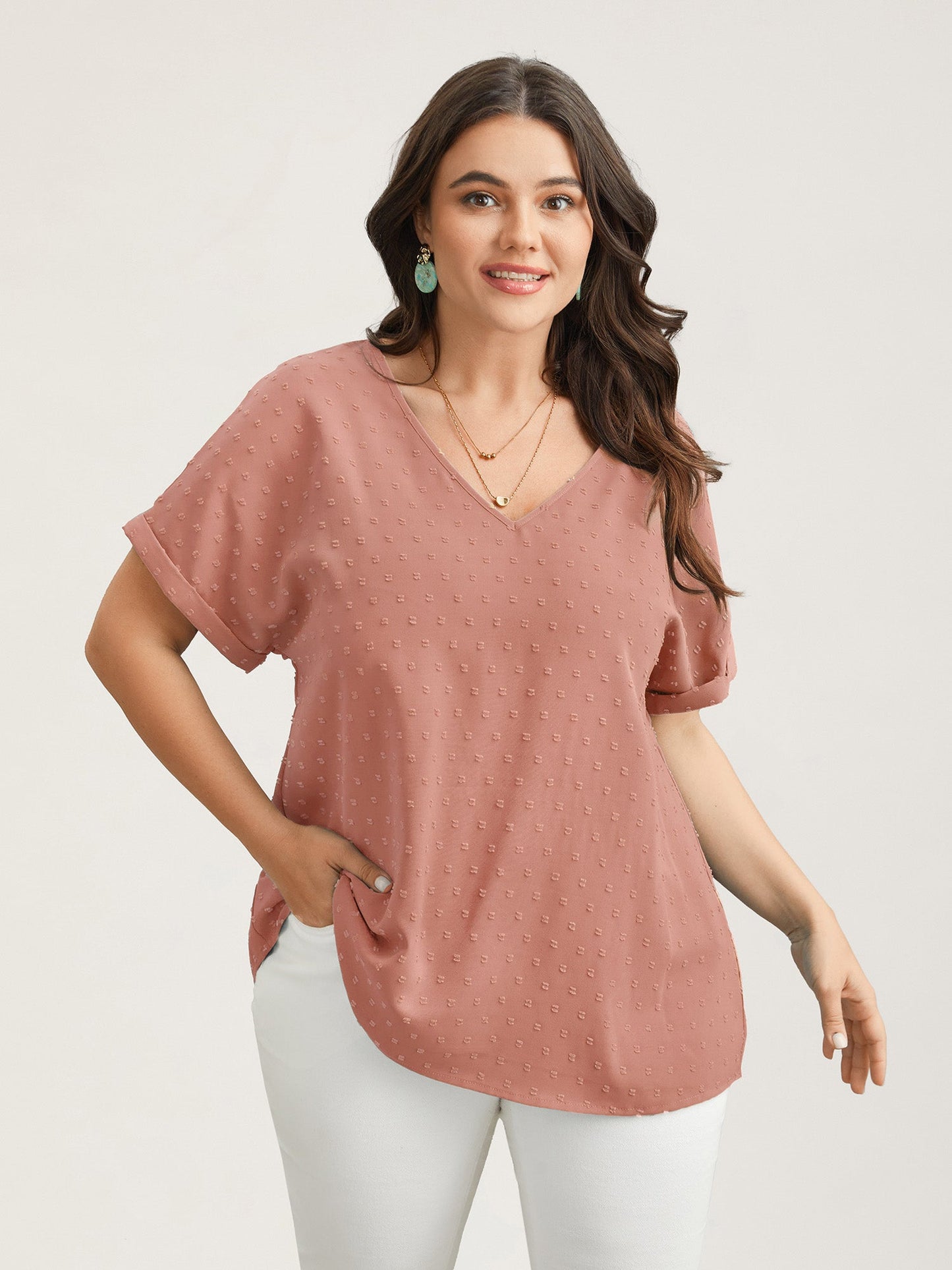 Back-Button Textured V-Neck Shirt