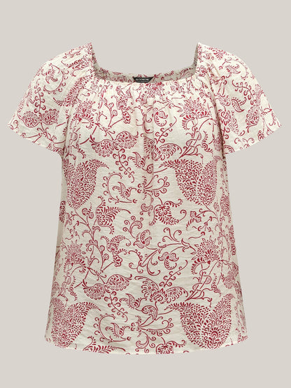 Floral Print Shirred Neck Flowy Blouse