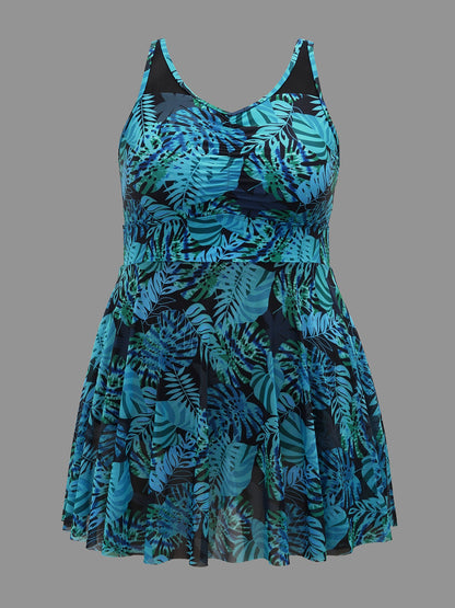 Tropical Print Patchwork Mesh Side Slit Swim Dress