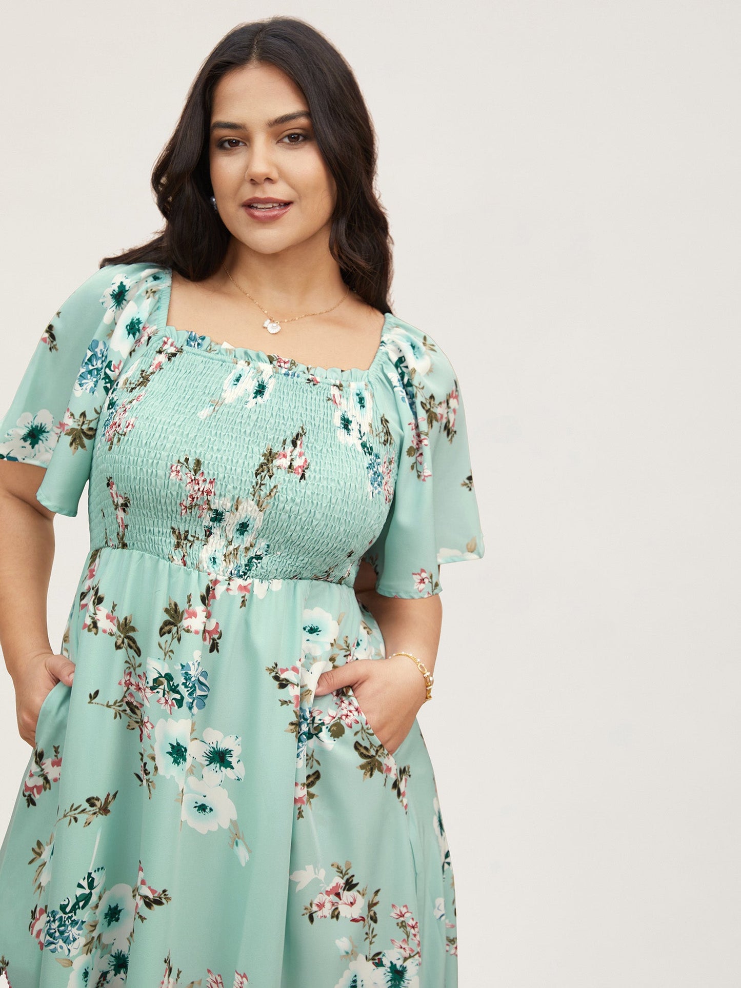 Floral Square Neck Ruffles Pocket Shirred Split Dress