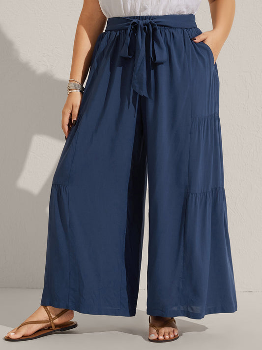 Rayon Belted Solid Wide-Leg Pants