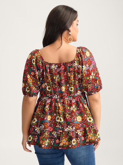 Floral Square Neck Fit and Flare Blouse
