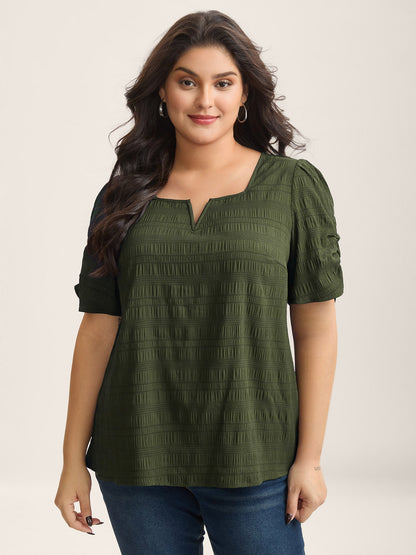 Textured Gathered Sleeve Split Neck Blouse