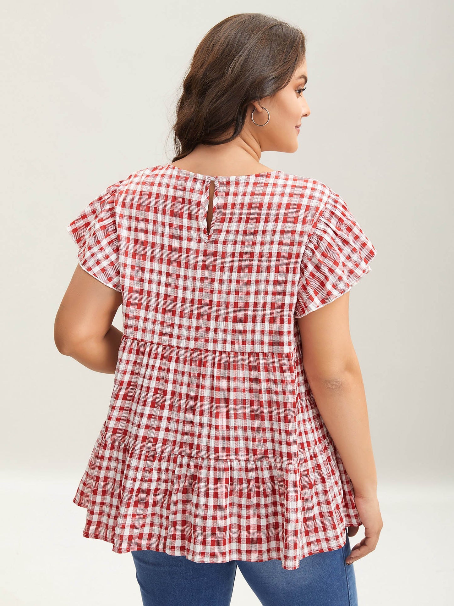 Plaid Print Textured Lotus Leaf Sleeve Shirt