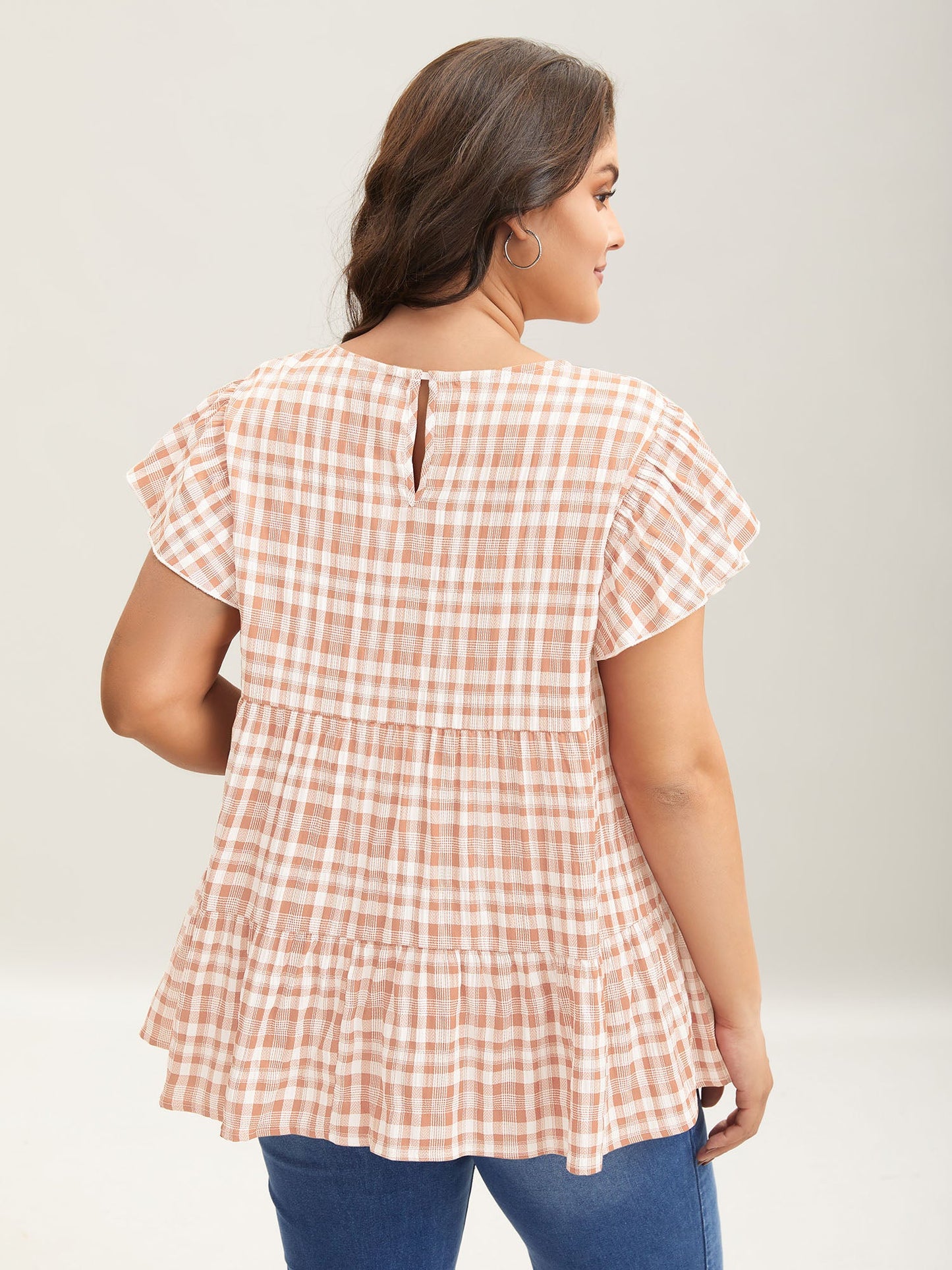 Plaid Print Textured Lotus Leaf Sleeve Shirt